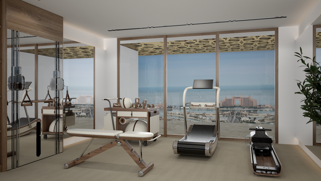Home gym design with functional trainer and view of the Atlantis Hotel.