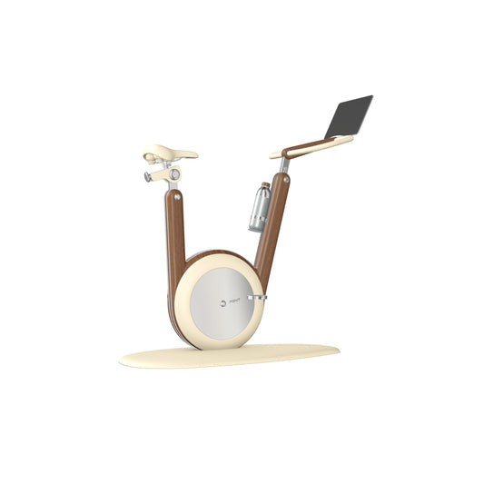 Sideview of a modern white stationary exercise bike with a wooden frame, sleek design, adjustable seat, and attached workout screen. PENT Hania Exercise Bike