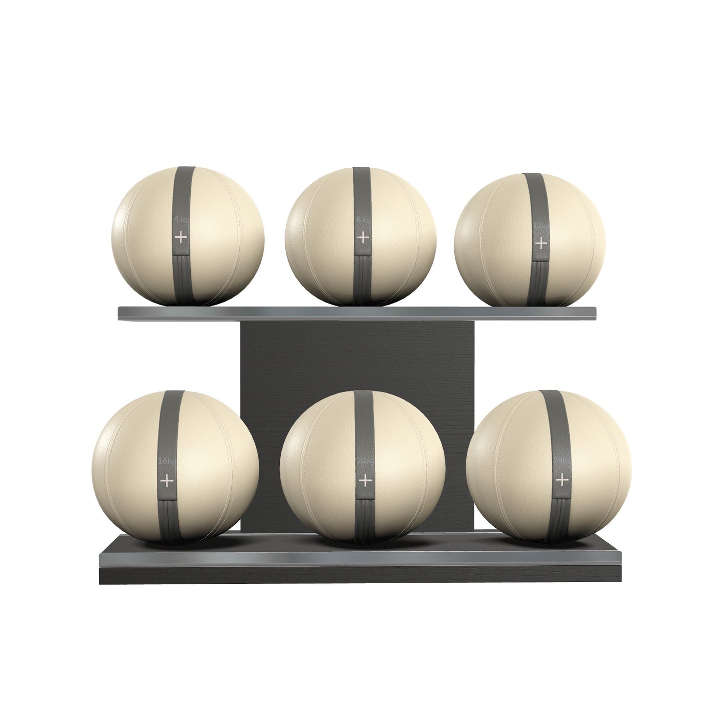 PENT. MOXA Set Ultimate - Set of 6 Medicine Balls on Horizontal Wooden Stand - 4, 8, 12, 16, 20, 24 KG