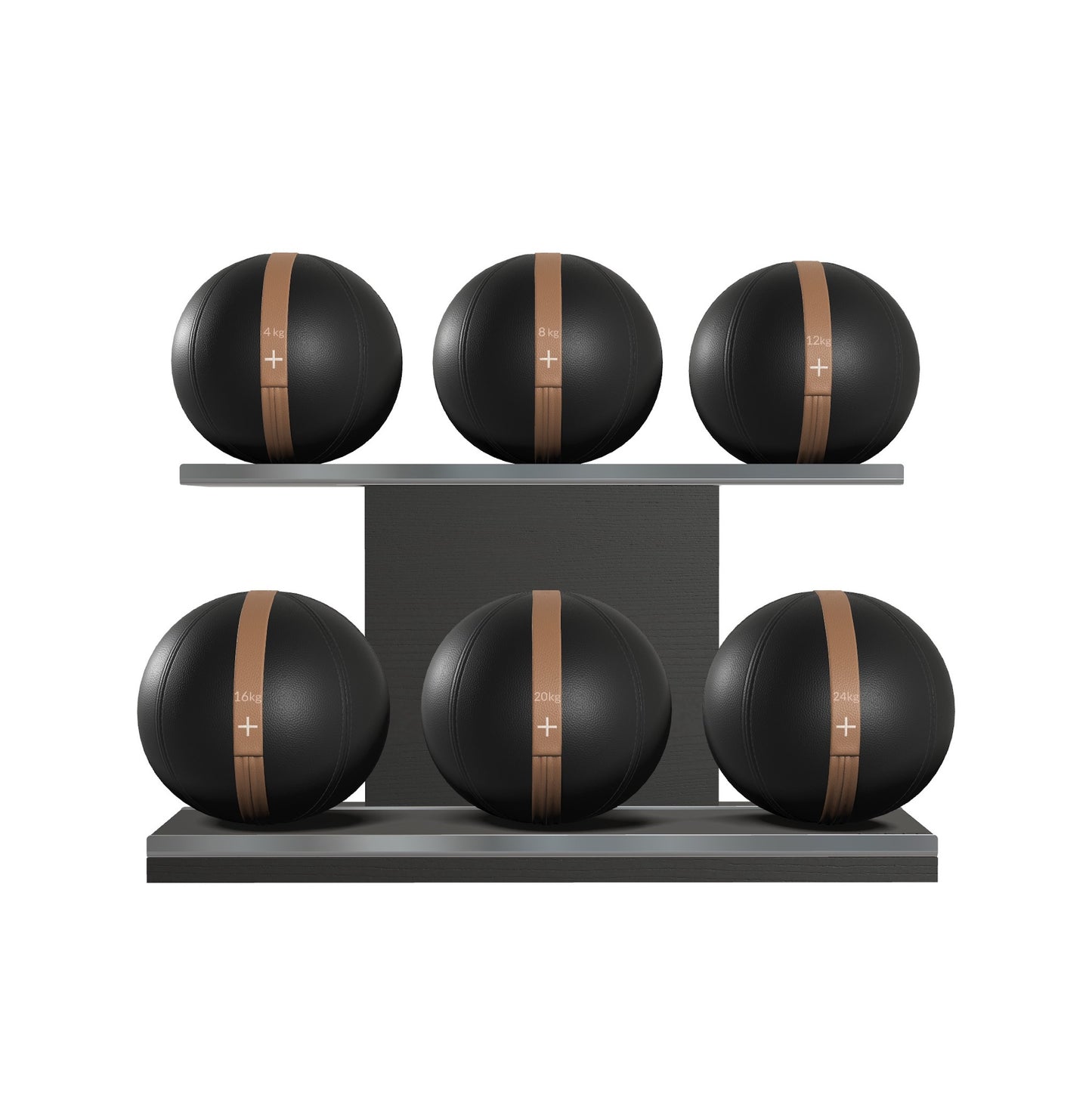 PENT. MOXA Set Ultimate - Set of 6 Medicine Balls on Horizontal Wooden Stand - 4, 8, 12, 16, 20, 24 KG