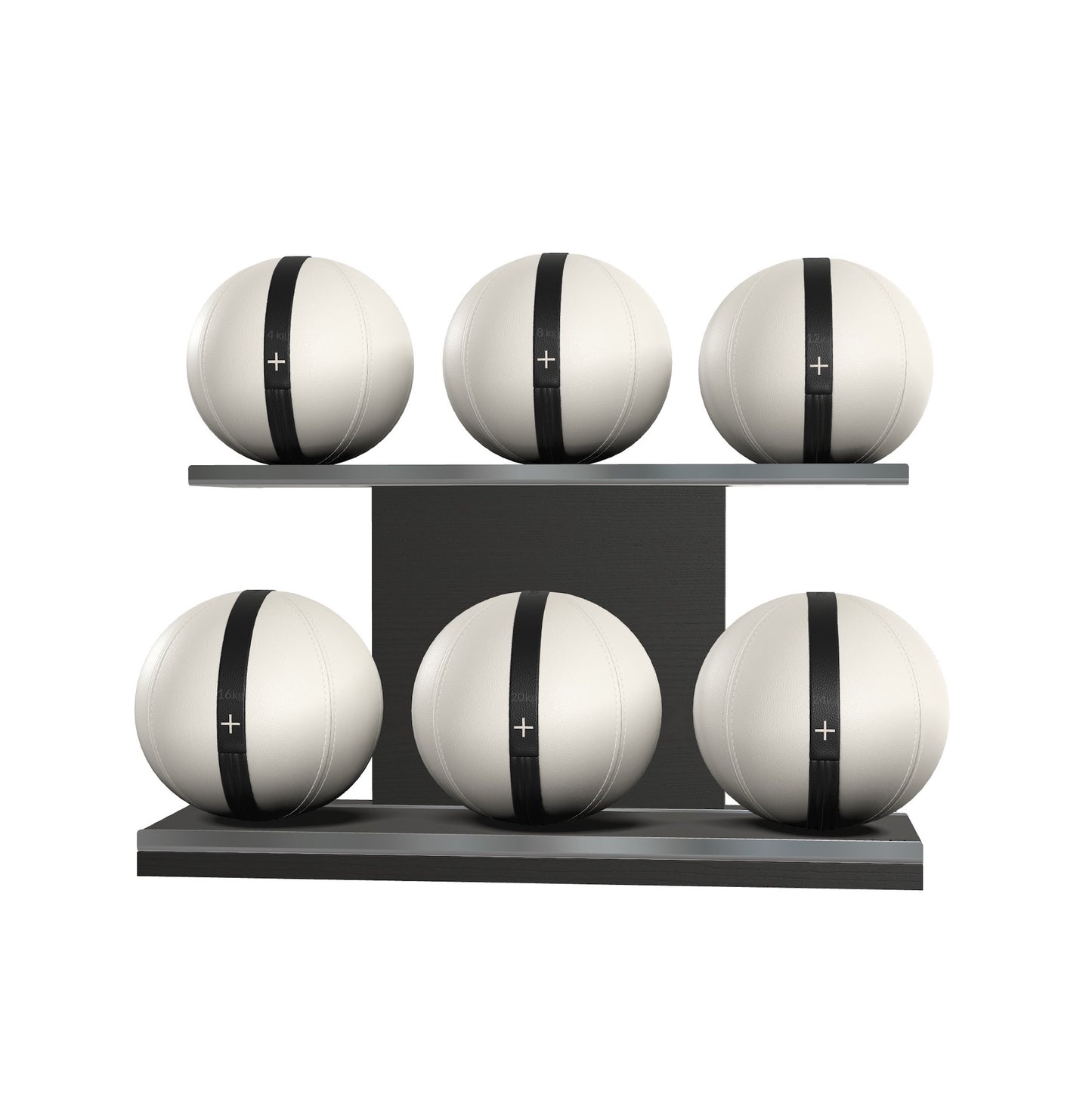 PENT. MOXA Set Ultimate - Set of 6 Medicine Balls on Horizontal Wooden Stand - 4, 8, 12, 16, 20, 24 KG