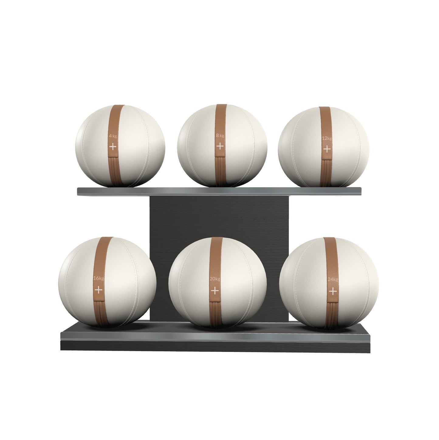 PENT. MOXA Set Ultimate - Set of 6 Medicine Balls on Horizontal Wooden Stand - 4, 8, 12, 16, 20, 24 KG