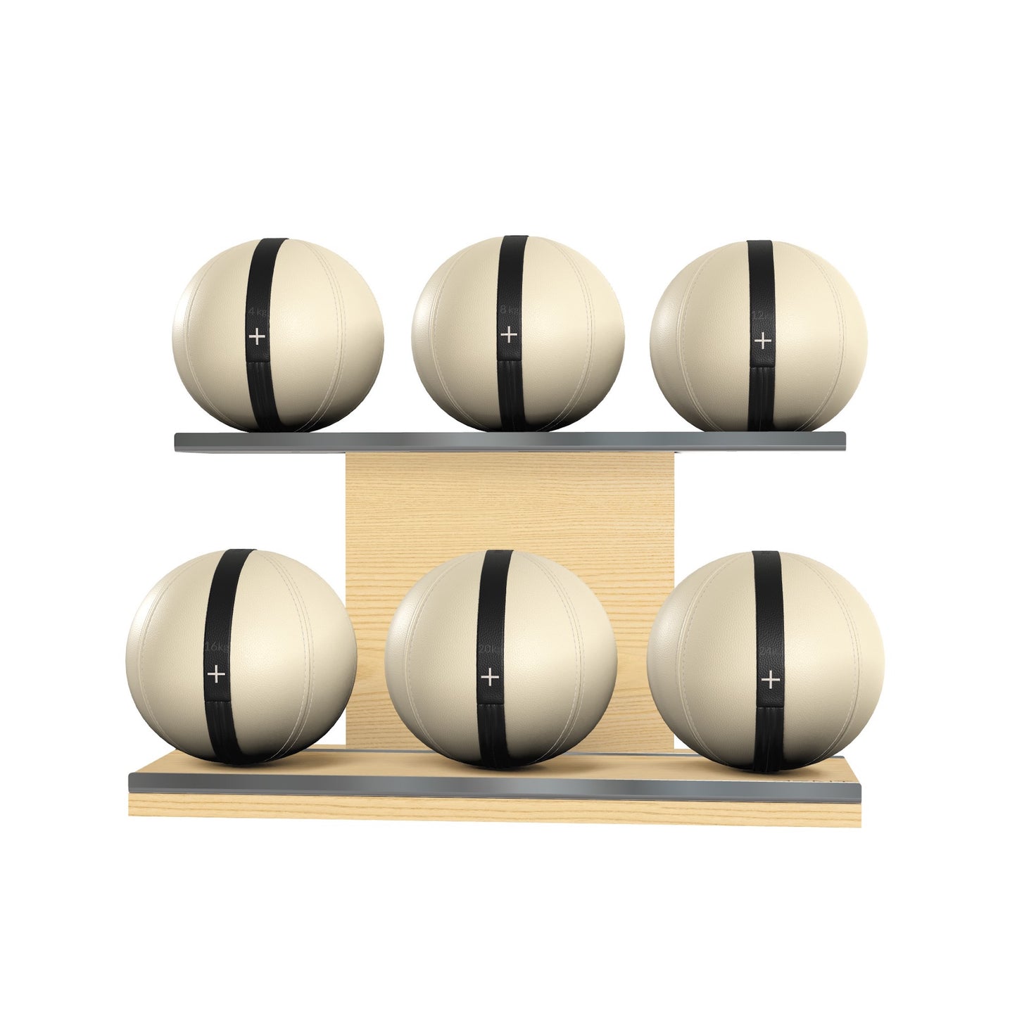 PENT. MOXA Set Ultimate - Set of 6 Medicine Balls on Horizontal Wooden Stand - 4, 8, 12, 16, 20, 24 KG