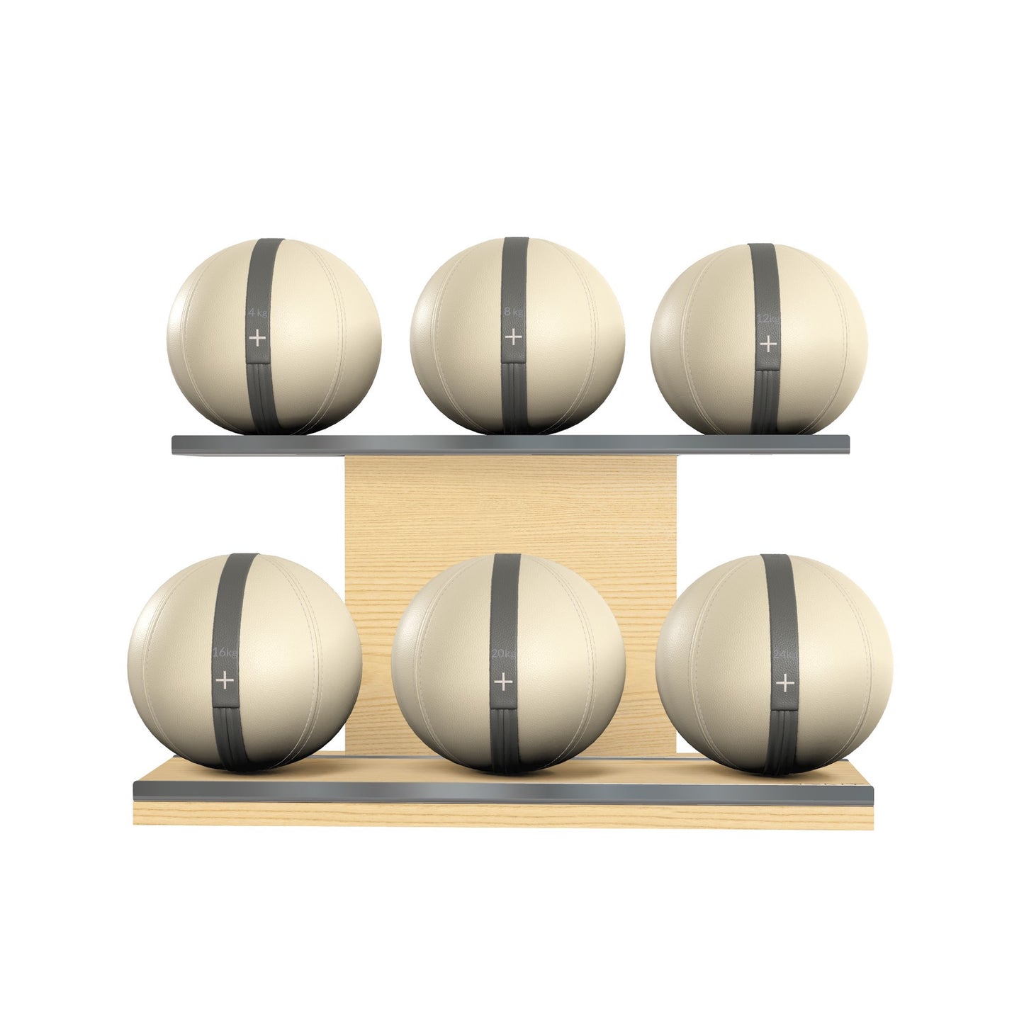 PENT. MOXA Set Ultimate - Set of 6 Medicine Balls on Horizontal Wooden Stand - 4, 8, 12, 16, 20, 24 KG