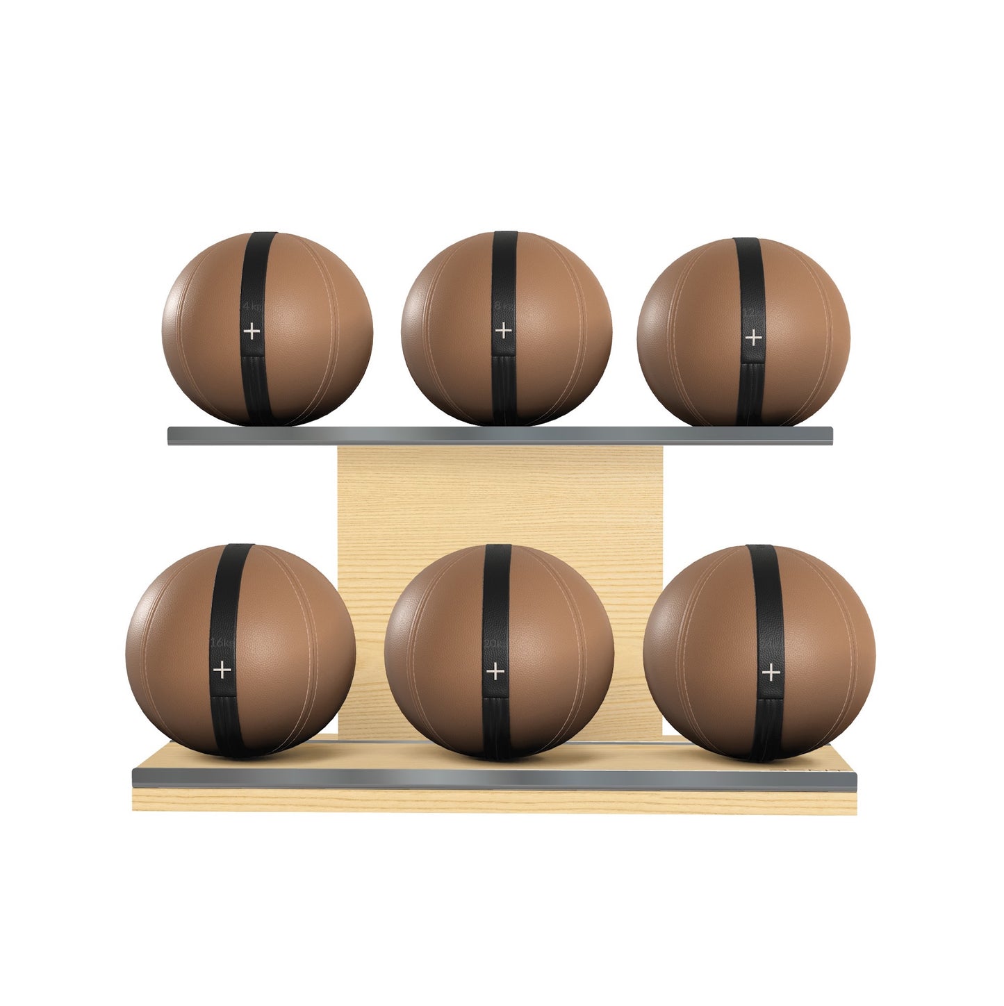 PENT. MOXA Set Ultimate - Set of 6 Medicine Balls on Horizontal Wooden Stand - 4, 8, 12, 16, 20, 24 KG