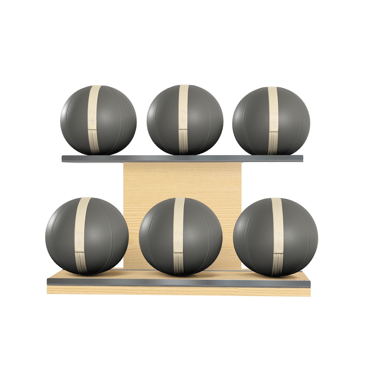 PENT. MOXA Set Ultimate - Set of 6 Medicine Balls on Horizontal Wooden Stand - 4, 8, 12, 16, 20, 24 KG