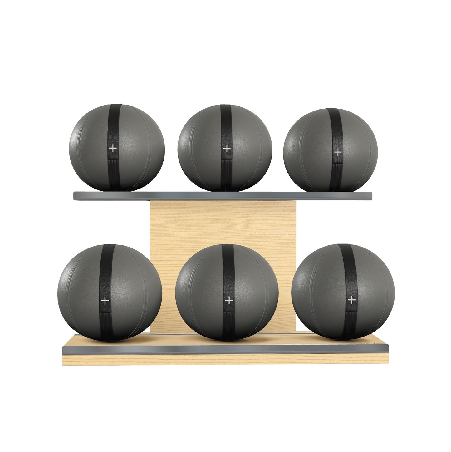 PENT. MOXA Set Ultimate - Set of 6 Medicine Balls on Horizontal Wooden Stand - 4, 8, 12, 16, 20, 24 KG