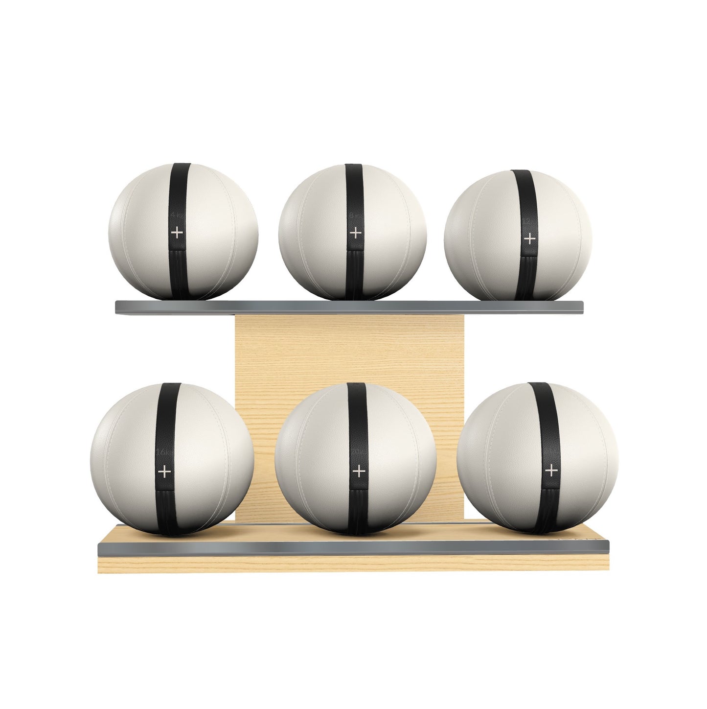 PENT. MOXA Set Ultimate - Set of 6 Medicine Balls on Horizontal Wooden Stand - 4, 8, 12, 16, 20, 24 KG