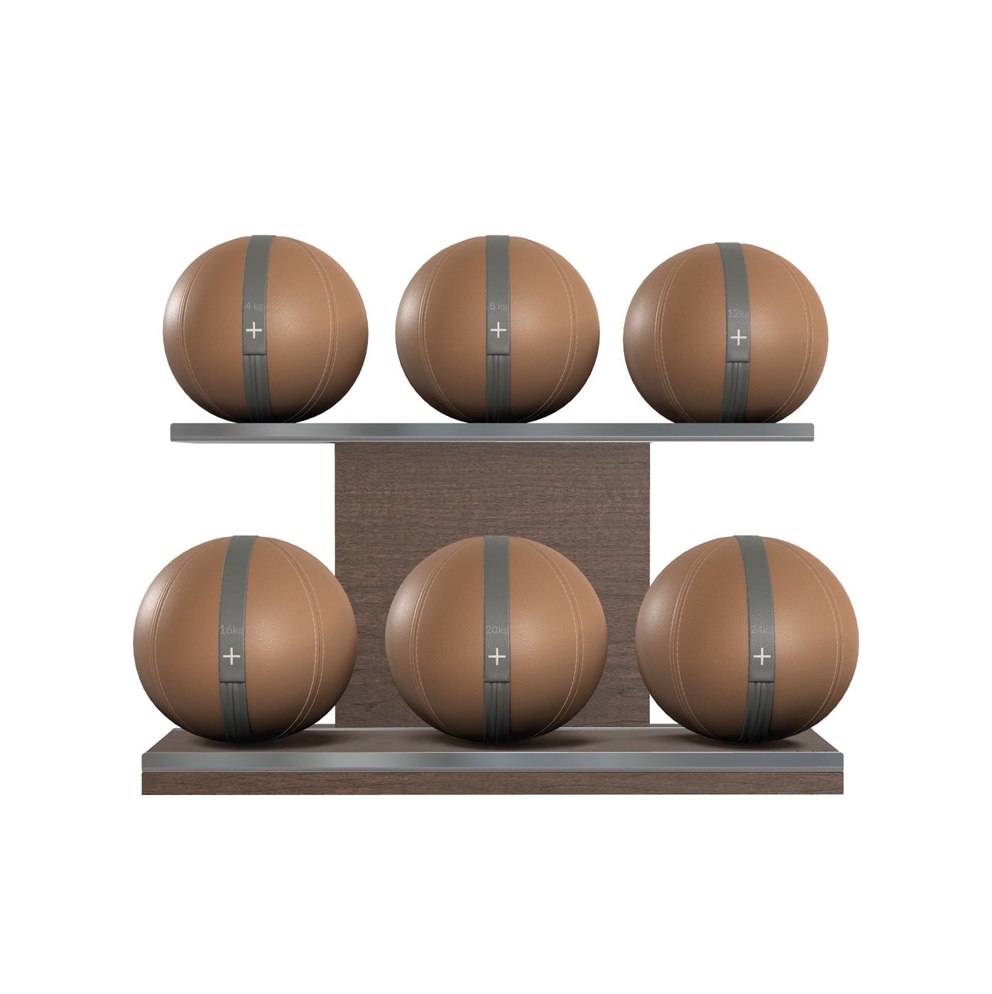 PENT. MOXA Set Ultimate - Set of 6 Medicine Balls on Horizontal Wooden Stand - 4, 8, 12, 16, 20, 24 KG