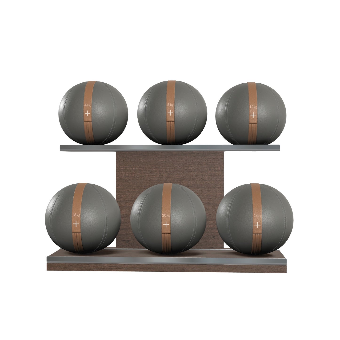 PENT. MOXA Set Ultimate - Set of 6 Medicine Balls on Horizontal Wooden Stand - 4, 8, 12, 16, 20, 24 KG