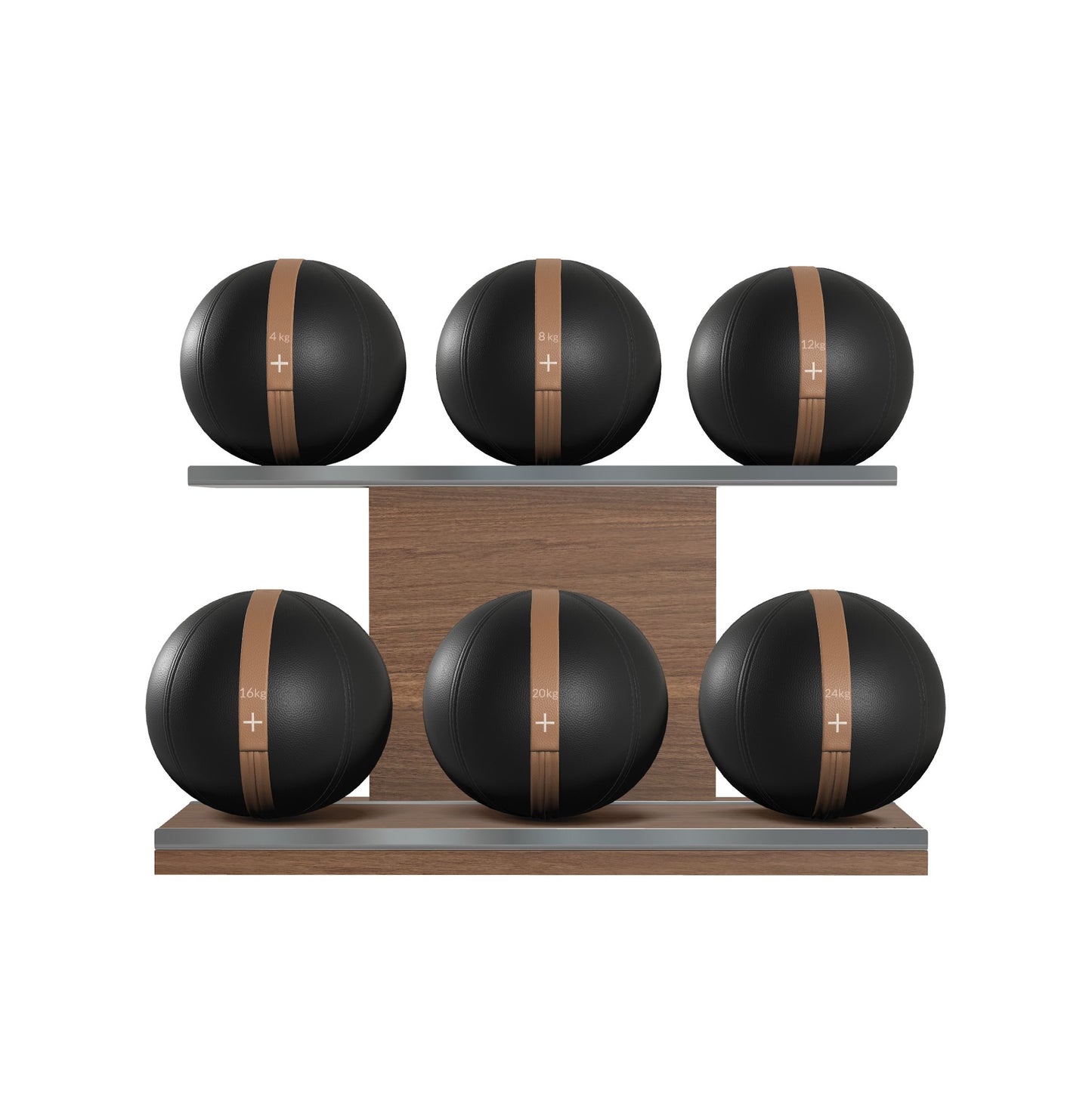 PENT. MOXA Set Ultimate - Set of 6 Medicine Balls on Horizontal Wooden Stand - 4, 8, 12, 16, 20, 24 KG