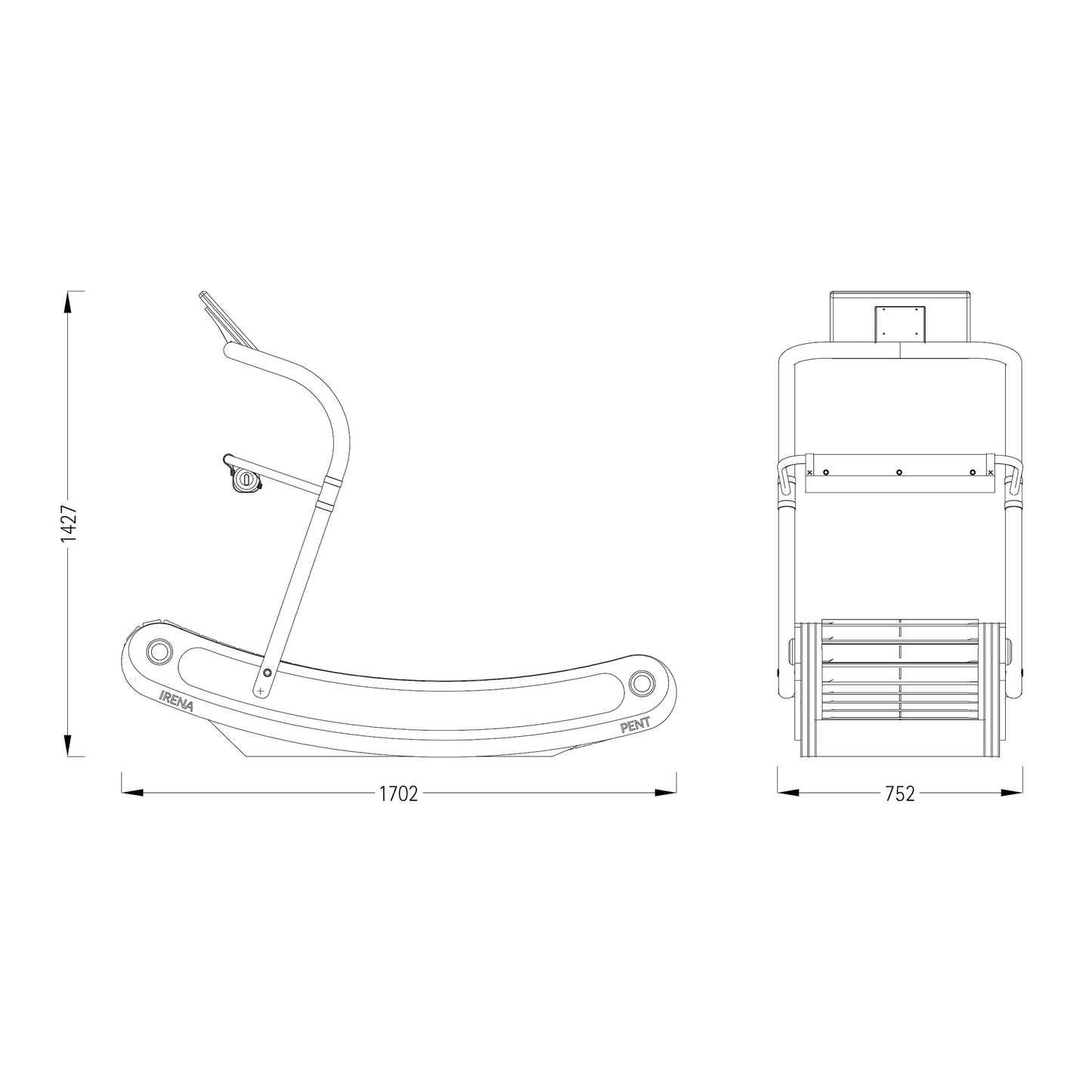 A luxurious curve manual treadmill made with natural wood, stainless steel and leather. PENT. IRENA - Premium Curved Manual Treadmill (Dimension Image).