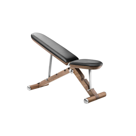 Luxury home gym equipment, adjustable exercise bench handcrafted with stainless steel, premium Italian leather and natural wood. PENT. BANKA - Luxury Exercise Bench