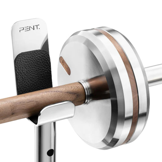 A luxurious barbell set on a sleek wooden stand, made of natural walnut wood and solid stainless steel. Luxury gym equipment. PENT. BYSTRA - Luxury Bench Press Set