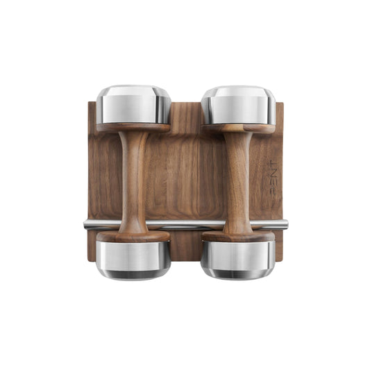 Top view of luxury dumbbells made with natural walnut wood and stainless steel on natural walnut wooden stand. Available in weights ranging between 2 - 30kg. PENT. COLMIA - Luxury Dumbbells on Wooden Stand