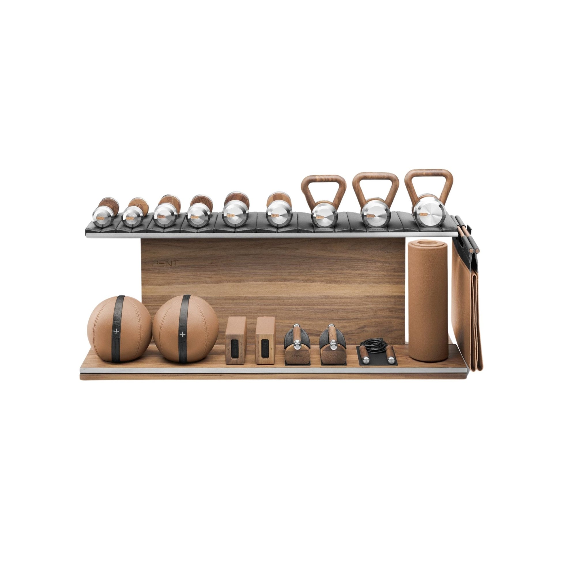 Compact PENT Combo Ana: Handcrafted luxury home gym equipment combo made with natural leather, sustainably sourced wood, and stainless steelIncludes skipping rope, push-up bars, yoga mat, dumbbells, kettlebells, roller, yoga blocks, medicine balls.