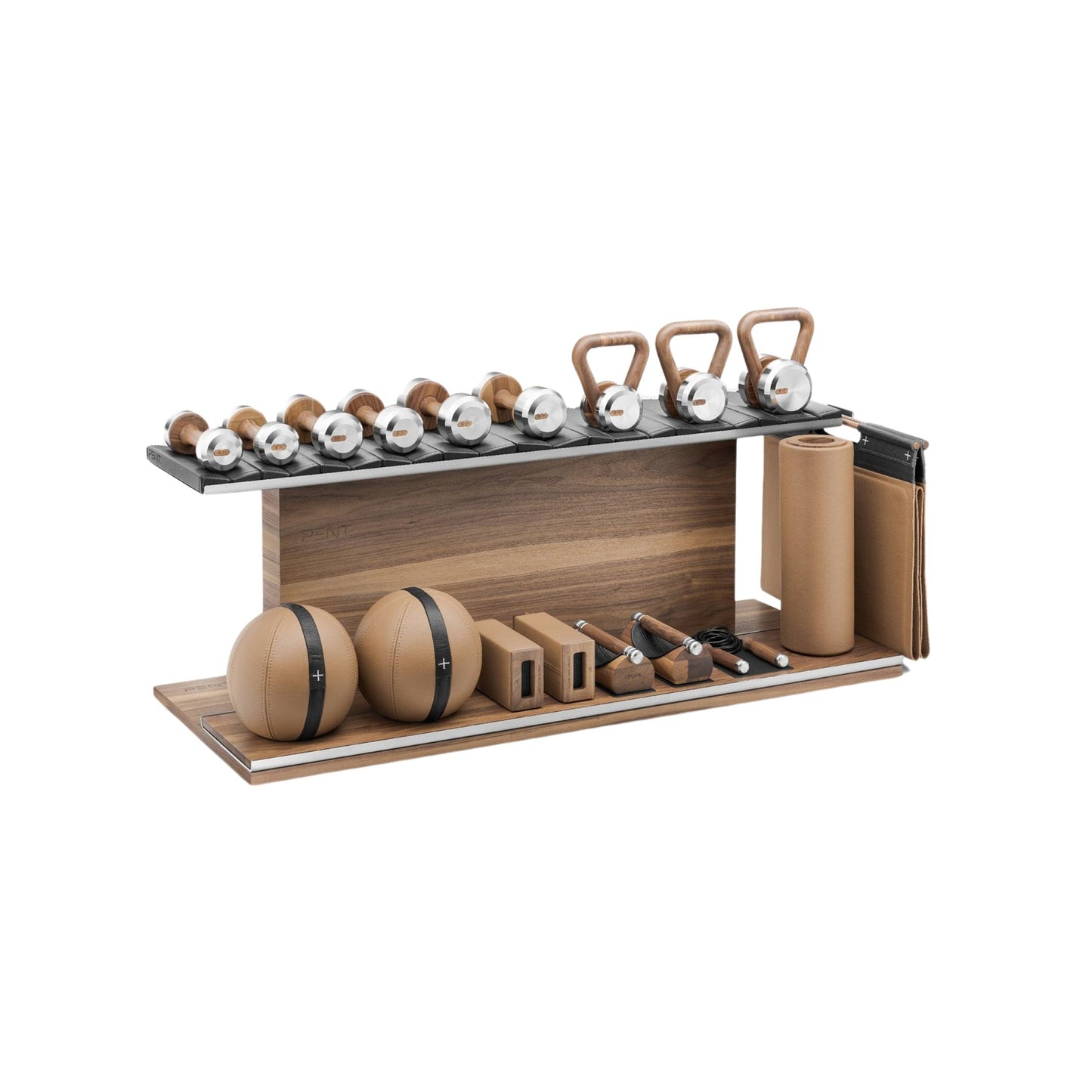 Compact PENT Combo Ana: Handcrafted luxury home gym equipment combo made with natural leather, sustainably sourced wood, and stainless steelIncludes skipping rope, push-up bars, yoga mat, dumbbells, kettlebells, roller, yoga blocks, medicine balls.