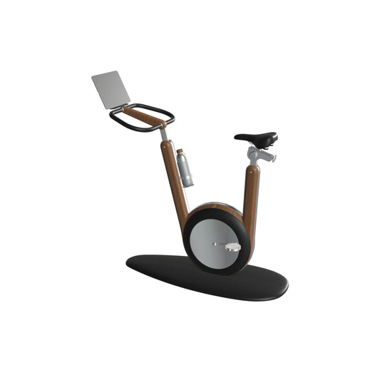 A modern black stationary exercise bike with a wooden frame, sleek design, adjustable seat, and attached workout screen. PENT Hania Exercise Bike