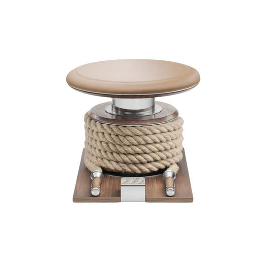 Premium gym battle rope in natural colour, made with with marine grade stainless steel and natural walnut wooden handles and stand, wrapped in luxurious Italian brown leather, packed neatly into its own handmade wooden stand. PENT. LINA Set - Battle Rope