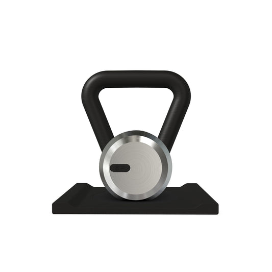 Luxury home gym equipment, premium kettlebell on wooden stand, made with stainless steel and black ash wood.