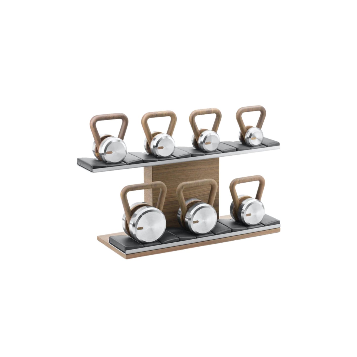 Sideview of the Luxury fitness equipment, luxury kettlebells on horizontal wooden stand, handcrafted with stainless steel, premium Italian leather and natural wood. PENT. LOVA Set - Kettlebells on a Horizontal Stand