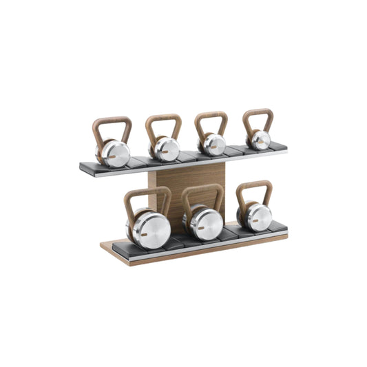 PENT Lova Luxury Kettlebells on a horizontal stand, featuring customisable options in various weight ranges, wood types, and leather combinations. By Cycling Bears