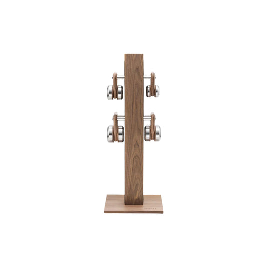 PENT Lova Luxury Wooden Kettlebells on a vertical stand, featuring customisable options in various weight ranges, wood types, and leather combinations. By Cycling Bears.