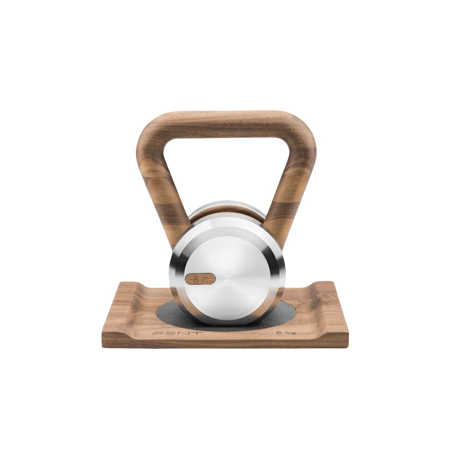 PENT Lova - luxury kettlebell on wooden stand. Stainless steel and wood, perfect for home or hotel gyms. Cycling Bears.