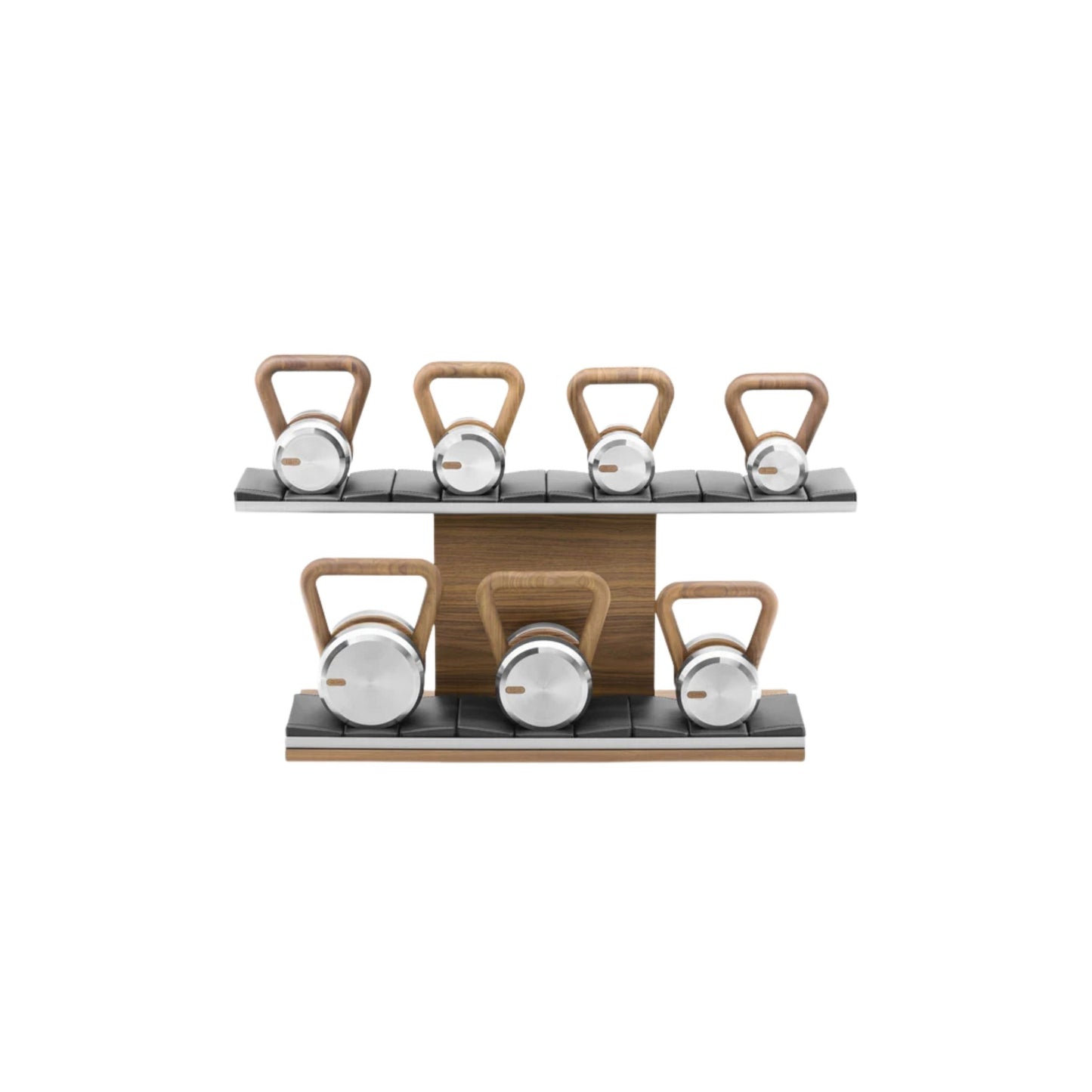 Luxury fitness equipment, luxury kettlebells on horizontal wooden stand, handcrafted with stainless steel, premium Italian leather and natural wood. PENT. LOVA Set - Kettlebells on a Horizontal Stand