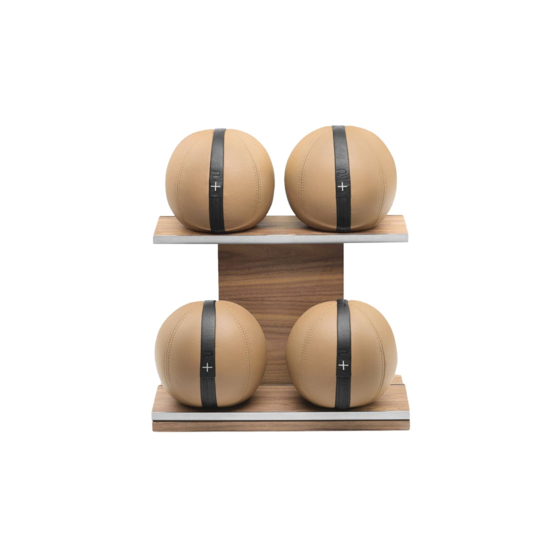 Four leather medicine balls with black accent leather, arranged on two shelves made of natural wood. PENT. MOXA Power - Set of 4 Medicine Balls on Horizontal Wooden Stand