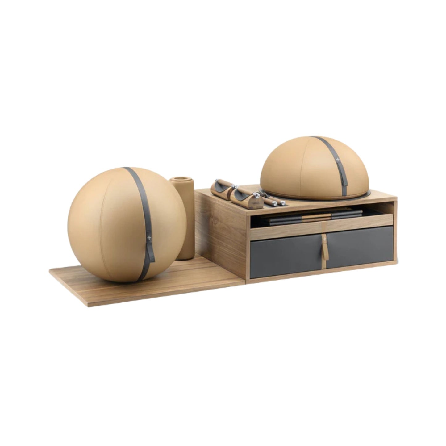 PENT RACKA - wooden stand with luxury fitness accessories. Cycling Bears. Customised home or hotel gym equipment. Wood and leather fitness accessories.