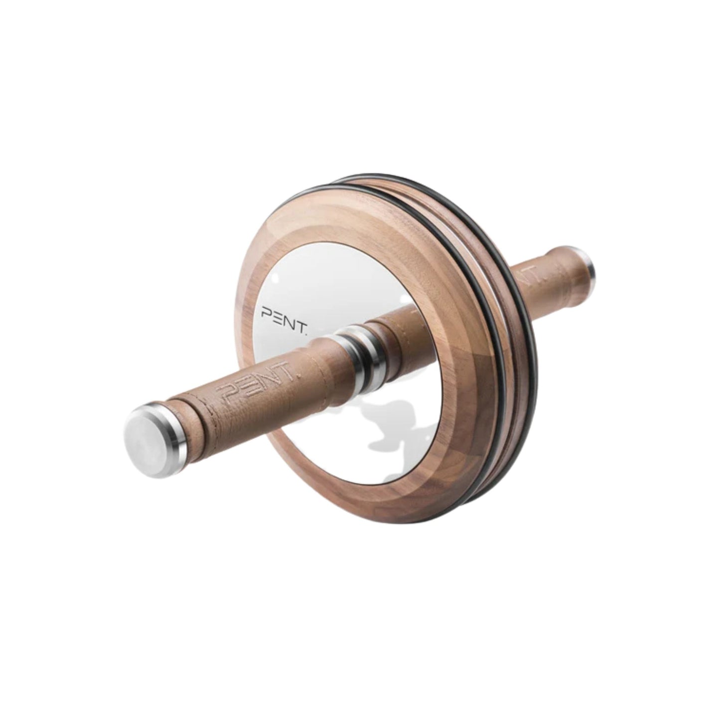 High quality view of a luxurious home gym equipment, wooden ab roller with natural walnut wood, premium steel and genuine leather in brown colour, designed for core workouts. PENT. TWISTA- Luxury Ab Roller