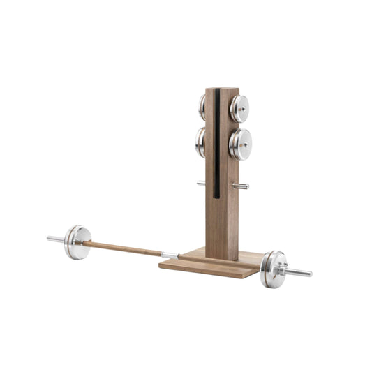 Luxury home gym equipment, handmade barbell, weight plates and wooden stand with stainless steel and natural wood. PENT. LESNA - Luxury Barbell Set