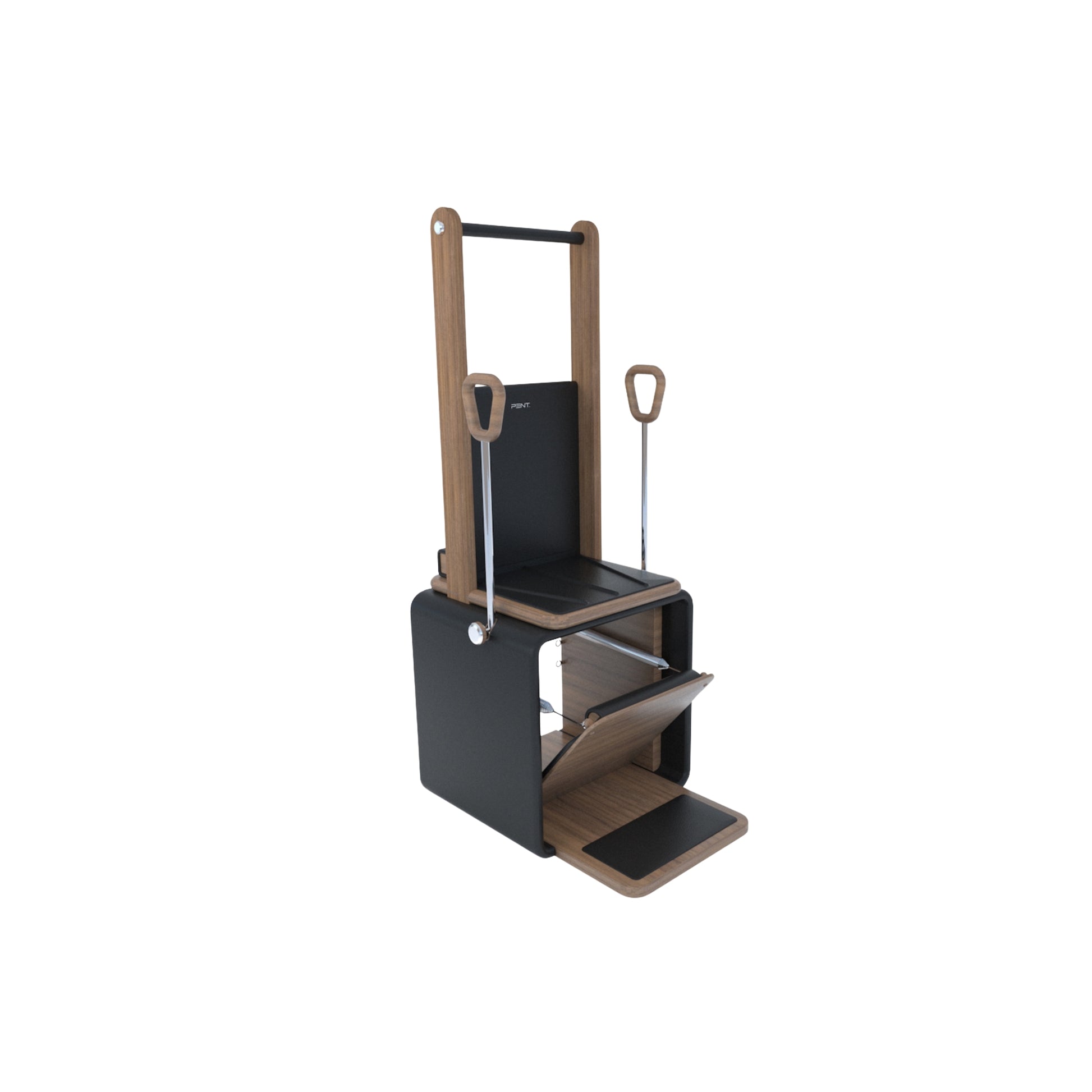 A premium luxury high chair for Pilates exercises, made with natural wood and black premium Italian leather, PENT. PILATES - HIGH CHAIR