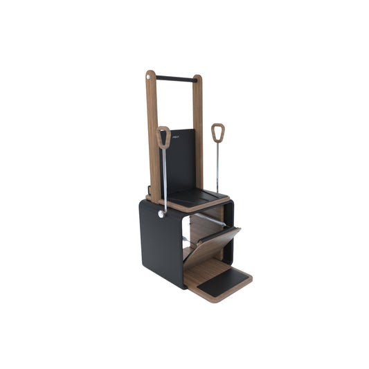 A premium luxury high chair for Pilates exercises, made with natural wood and black premium Italian leather, PENT. PILATES - HIGH CHAIR