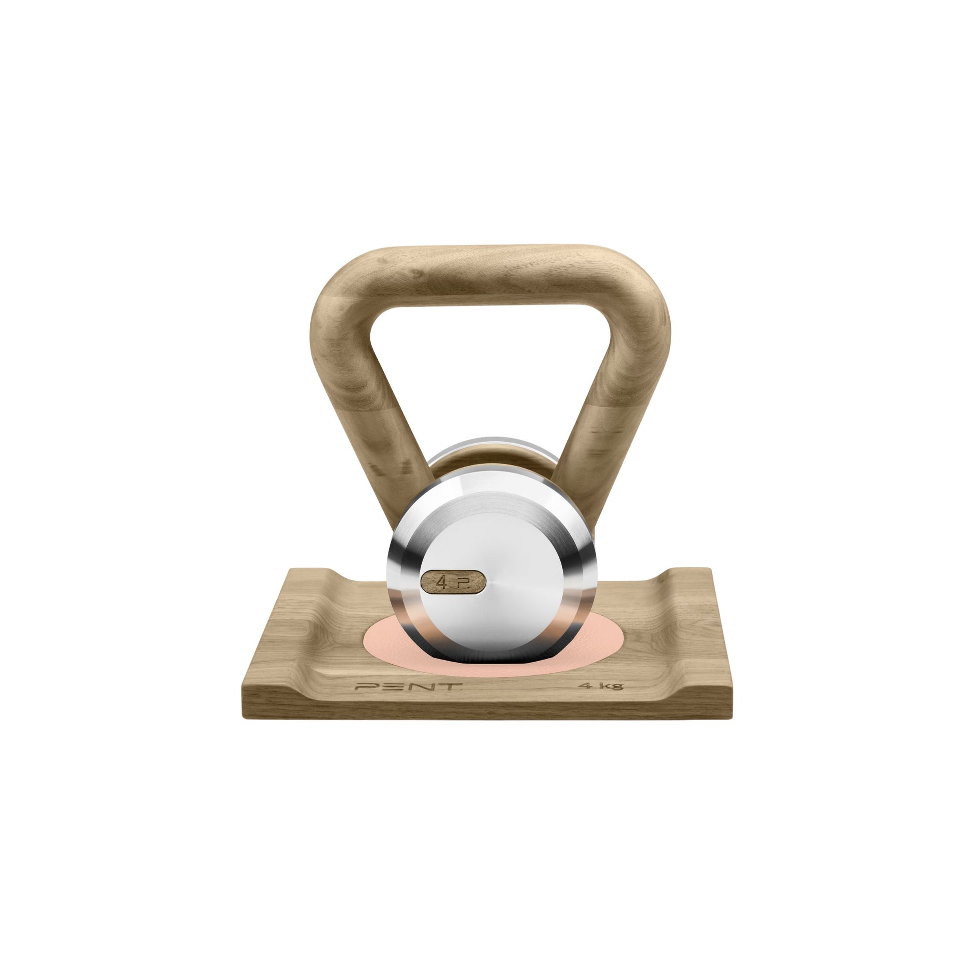 A luxurious gym equipment, kettlebells with wooden stand handcrafted with natural ash wood, pink leather pad and stainless steel. PENT. x Cycling Bears LOVA - Luxury Kettlebell with Wooden Stand