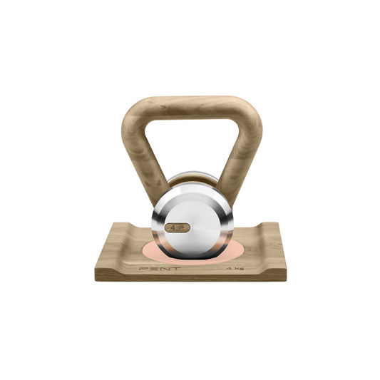 A luxurious gym equipment, kettlebells with wooden stand handcrafted with natural ash wood, pink leather pad and stainless steel. PENT. x Cycling Bears LOVA - Luxury Kettlebell with Wooden Stand