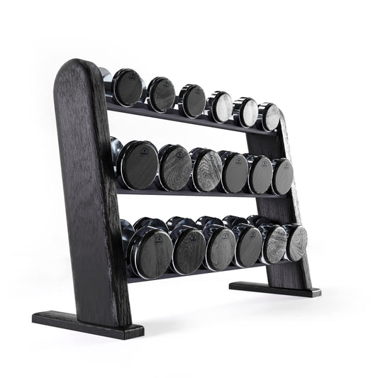 A premium shadow wooden rack displaying dumbbell made with wood and stainless steel, organized neatly on multiple shelves for easy access. NOHRD DumbBells Set