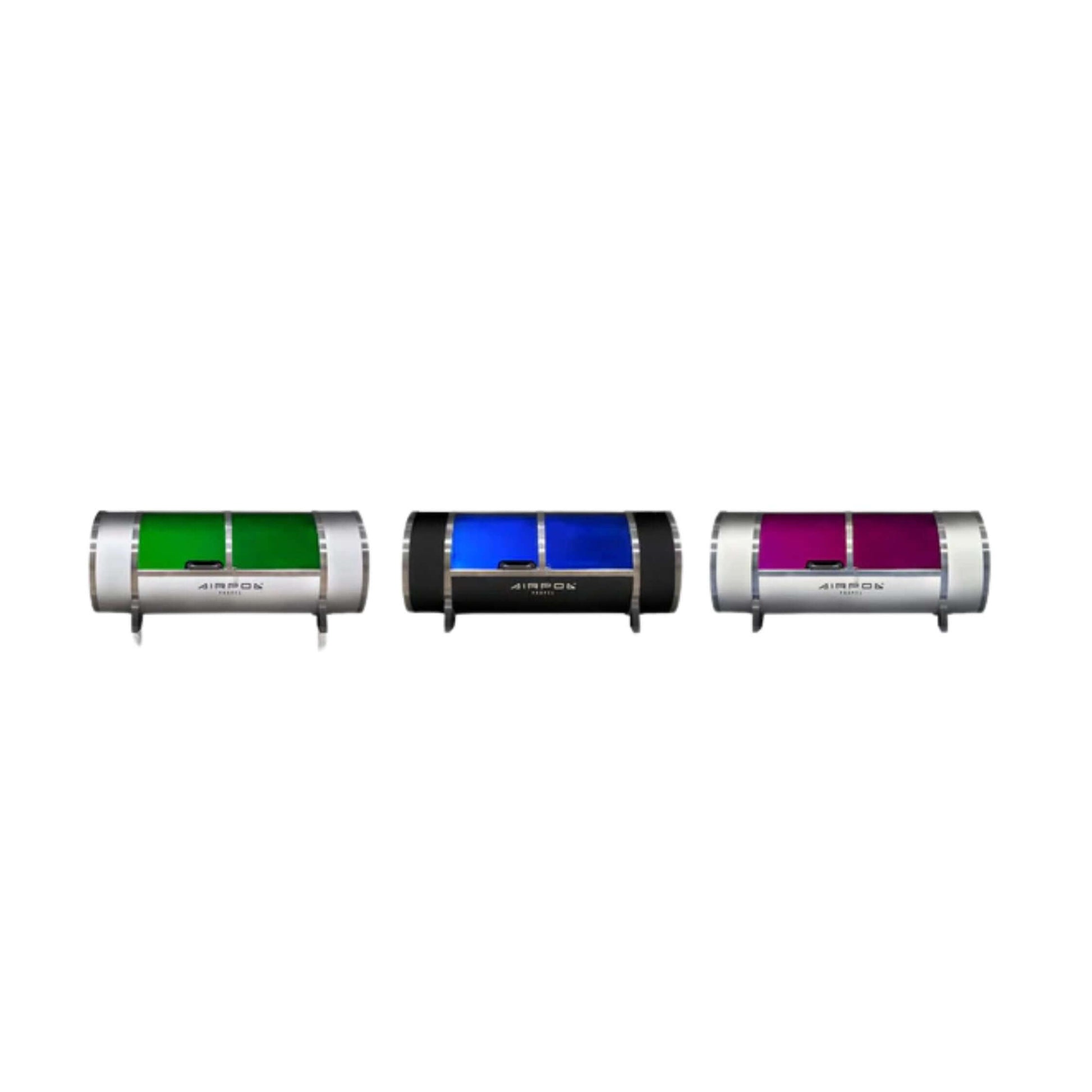 Three hyperbaric oxygen therapy in propel model with purple, green and blue colour lights. AirPod - Mild Hyperbaric Oxygen Therapy