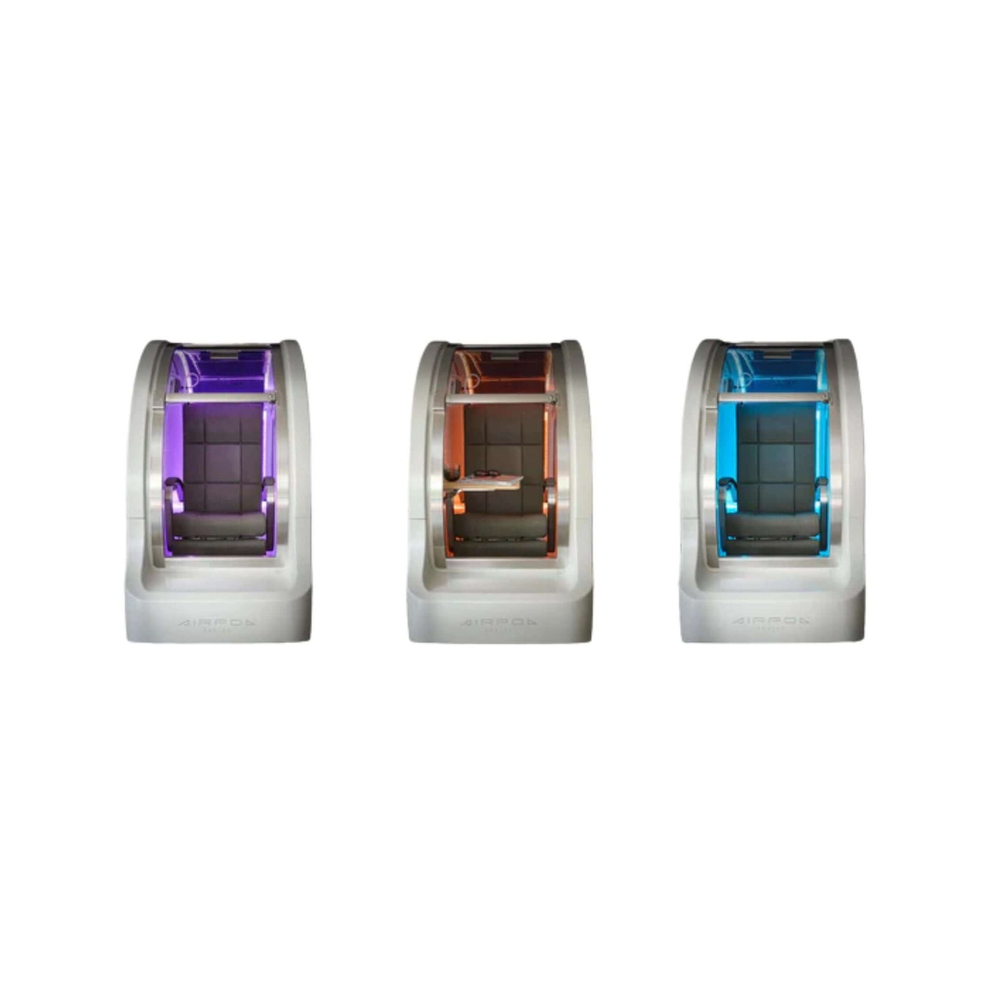 Three hyperbaric oxygen therapy in revive model with purple, orange, and blue colour lights. AirPod - Mild Hyperbaric Oxygen Therapy