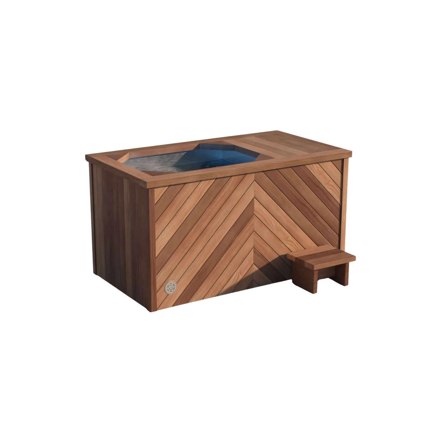 A modern, herringbone natural cedar rectangular ice bath with a wooden top and a small wooden step, Brass Monkey - Ice Bath