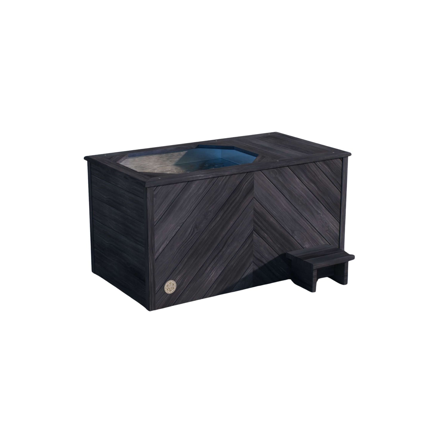 A modern, ultra black wood rectangular ice bath with a wooden top and a small wooden step, Brass Monkey - Ice Bath