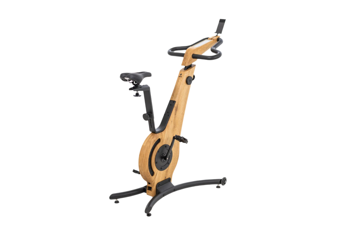 A modern exercise bike with a wooden frame and minimalist design, featuring an adjustable seat and streamlined structure. NOHRD Bike V2