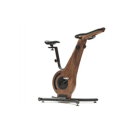 A modern exercise bike with a wooden frame and minimalist design, featuring an adjustable seat and streamlined structure. NOHRD Bike V2