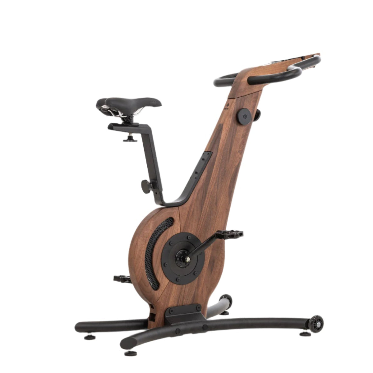 A modern exercise bike with a wooden frame and minimalist design, featuring an adjustable seat and streamlined structure. NOHRD Bike V2