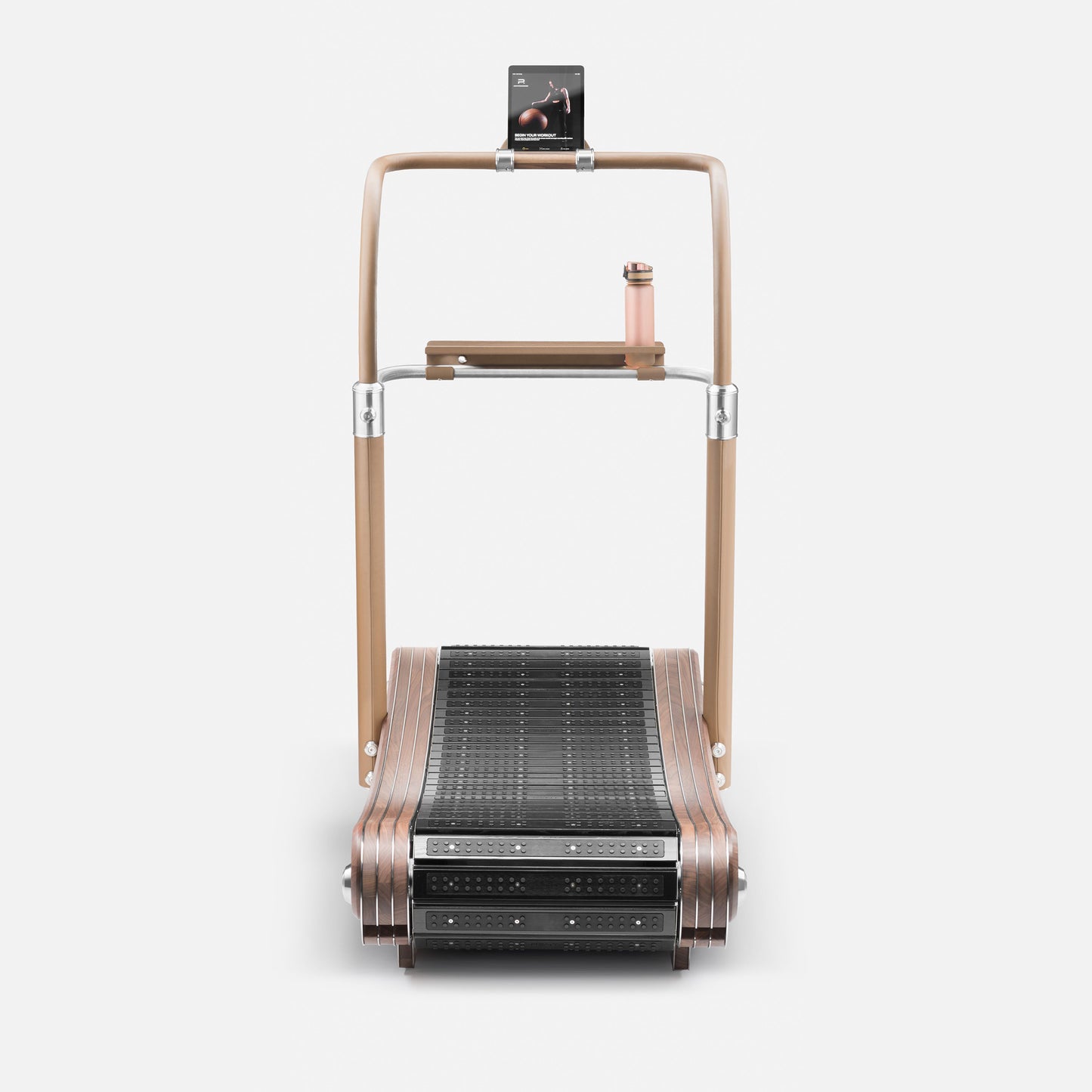 Back view of a luxurious curve manual treadmill made with natural wood, stainless steel and premium Italian leather. PENT. IRENA - Premium Curved Manual Treadmill