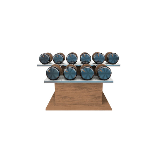 A wooden rack displaying twelve wooden & stainless steel dumbbells arranged on horizontal wooden stand. PENT. COLMIA Ultra Power Set.