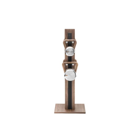 Sideview of the Luxury fitness equipment, 4 luxury kettlebells on vertical wooden stand, handcrafted with stainless steel, premium Italian leather and natural wood. PENT. LOVA Set