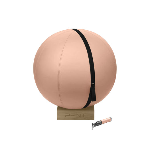 Luxury fitness ball wrapped with pink premium Italian leather with a compact natural wooden stand. PENT. MESNA