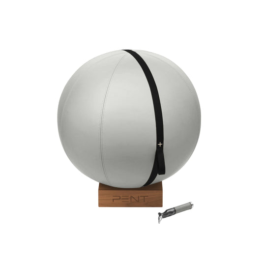 Luxury fitness ball wrapped with white premium Italian leather with a compact natural wooden stand. PENT. MESNA